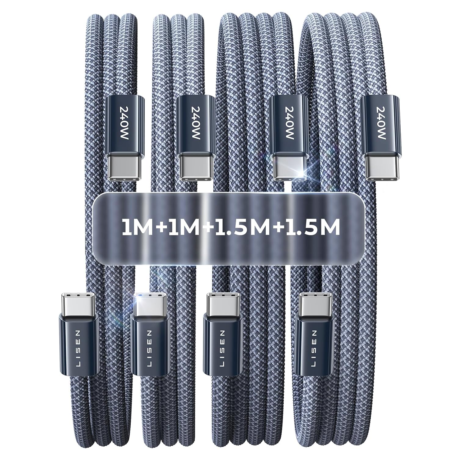 Detalle de LISEN 240W USB-C Kabelset – 4er-Pack (1 m, 1 m, 1,5 m, 1,5 m) USB-C auf USB-C, PD 3.1, E-Marker 3.0 – Sicherheit trifft Leistung