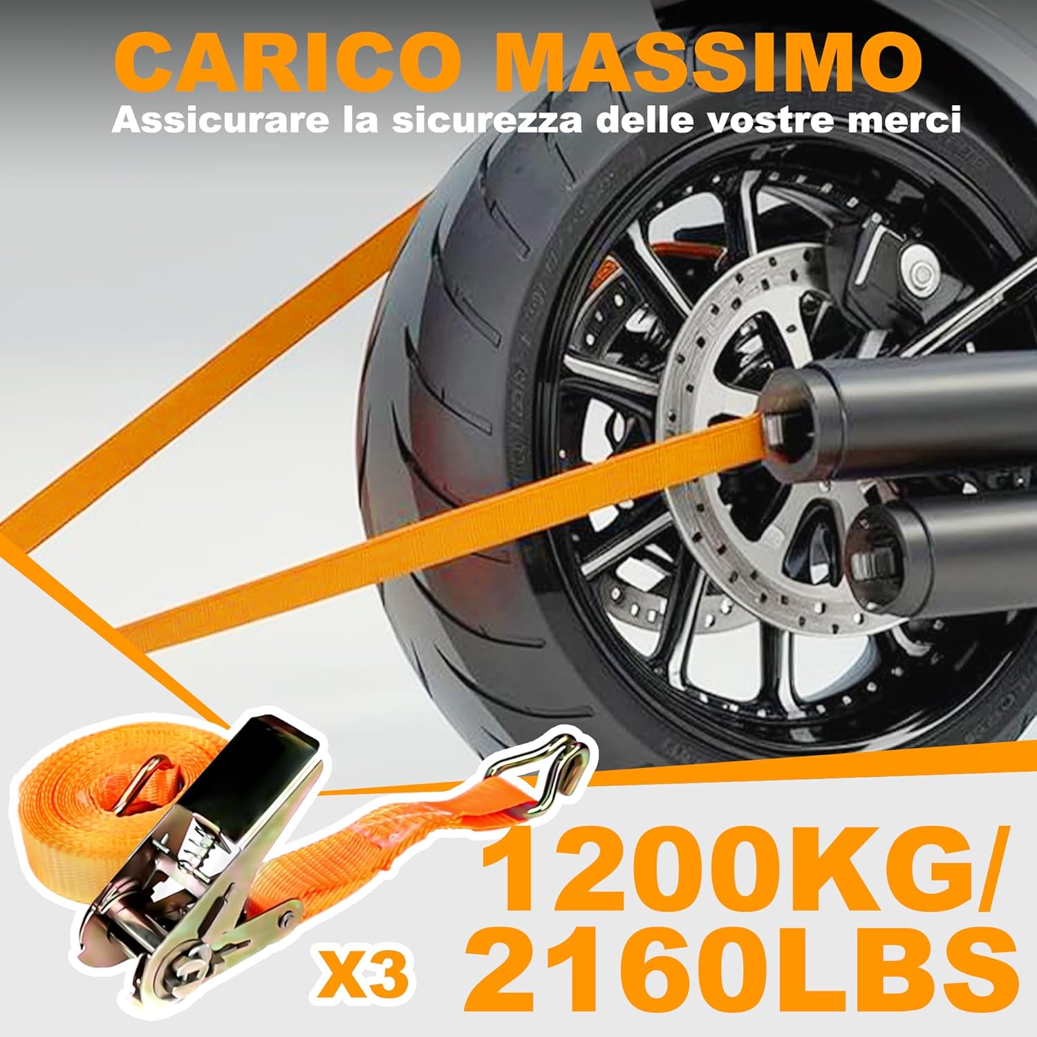 Detalle de Set 3 cinghie a cricchetto 1200 kg Manduka, 6 m x 25 mm (arancione)