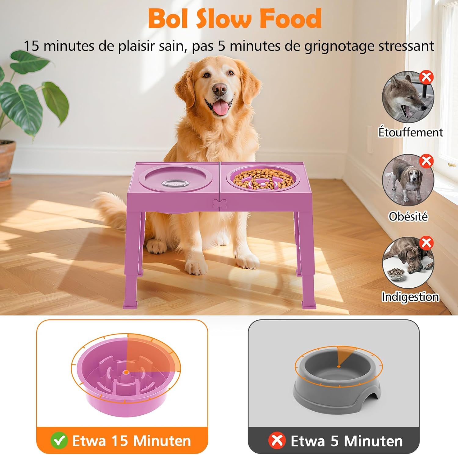 Detalle de X XBEN 3-in-1 Ciotole per Cani Rialzate con 5 Altezze Regolabile, 1L + 1,4L – Rosa