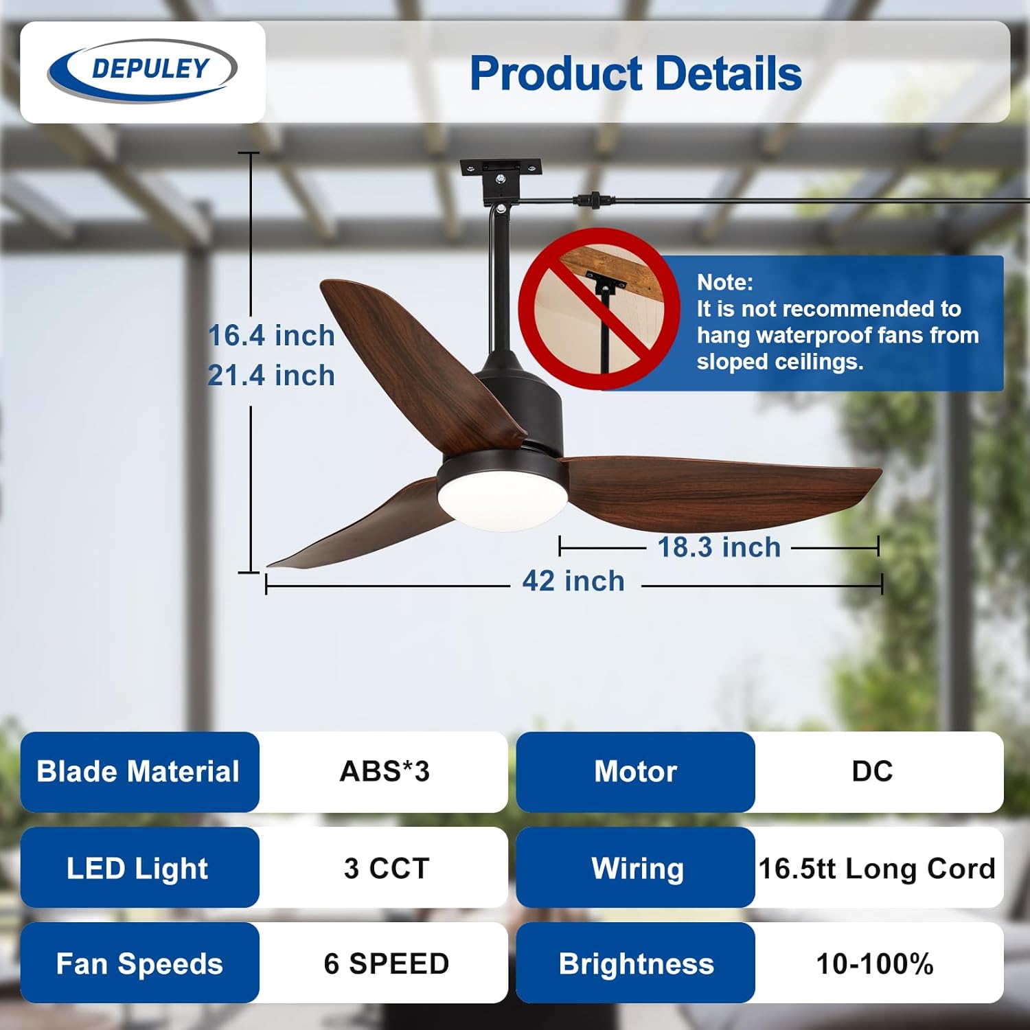 Thumbnail 4 de Depuley 42-Inch Outdoor Ceiling Fan with Lights, Walnut Waterproof Gazebo Fans (Remote & App Control)