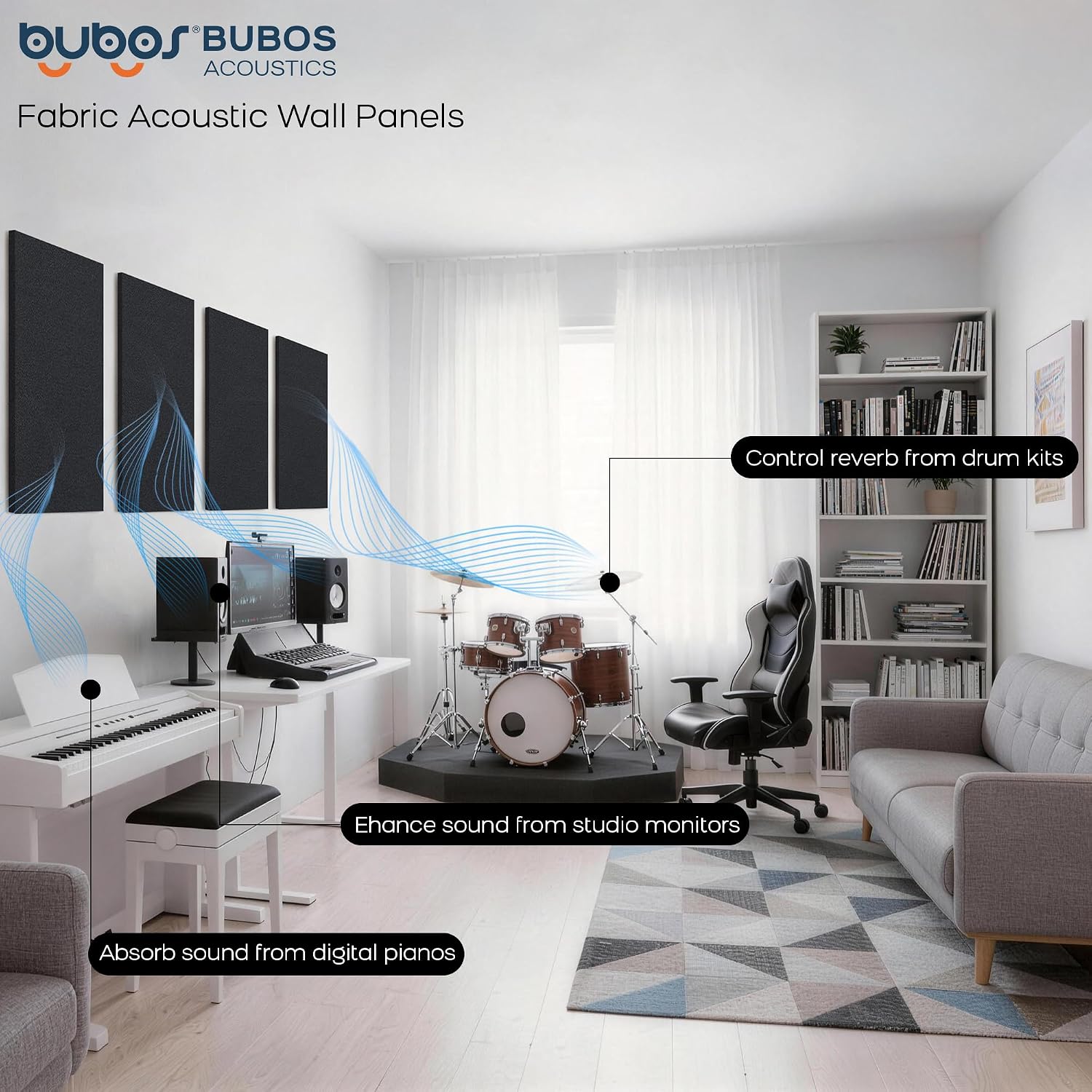 Thumbnail 2 de BUBOS 2-Pack Fabric Acoustic Panels, 23.6 x 11.8 x 1-Inch, Self-Adhesive