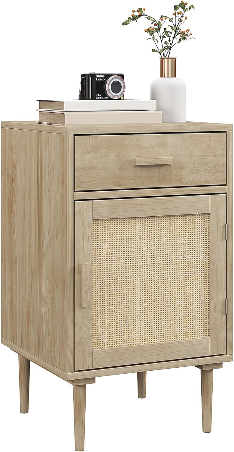 HOMCOM Table de chevet bohème naturelle avec placard, étagère réglable et tiroir – 40 x 40 x 68,5 cm