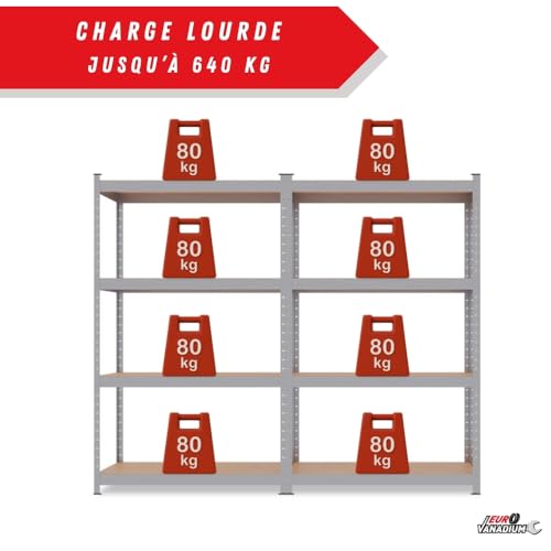 Detalle de EURO VANADIUM Double Étagères de Rangement Charges Lourdes – 160 x 160 cm, 640 kg, 4 niveaux, 8 plateaux, Gris