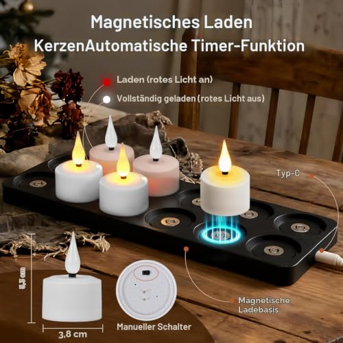 Thumbnail 2 de yunsheng 12er Magnetische Wiederaufladbare Teelichter mit Fernbedienung, Timer und Ladestation