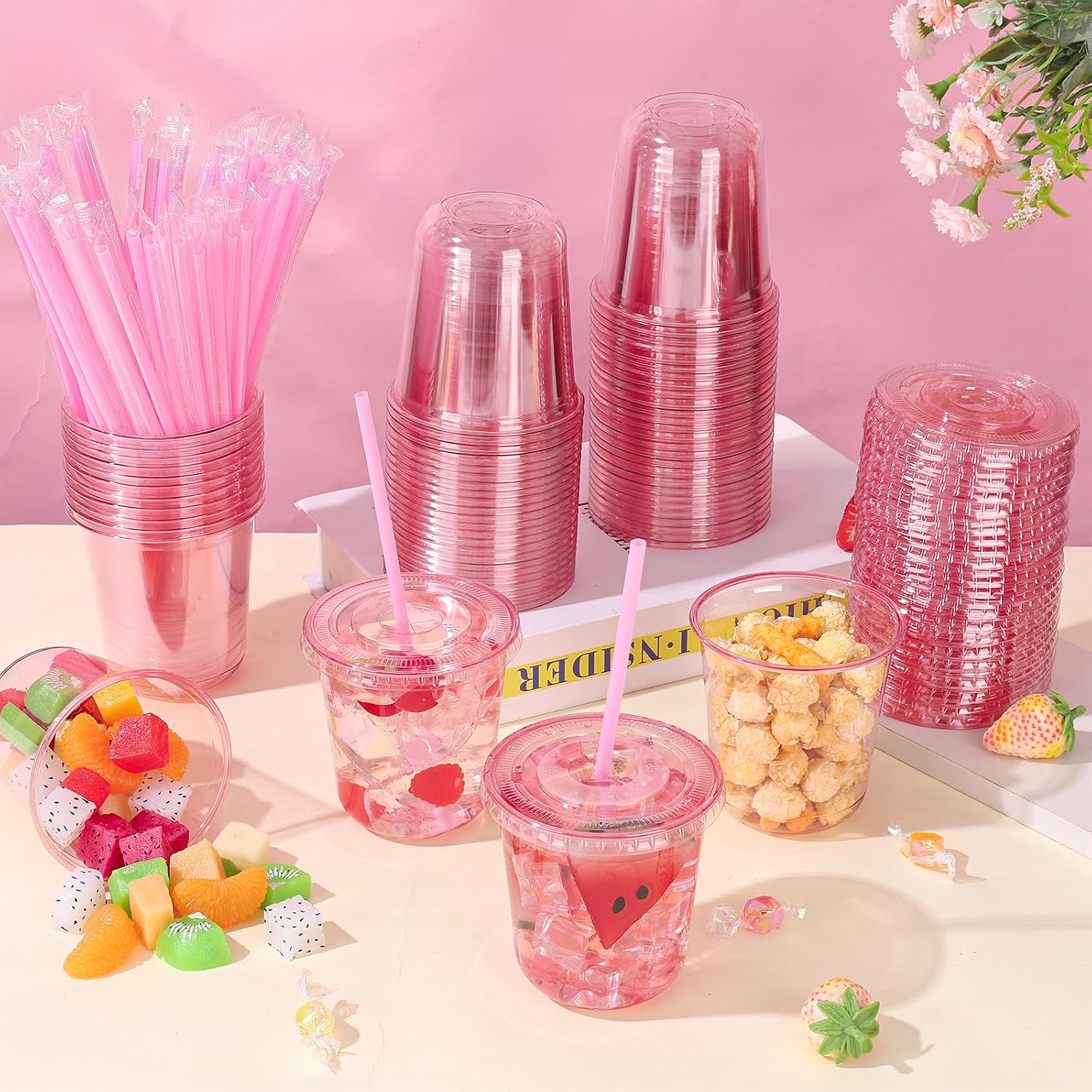 Thumbnail 1 de KesaPlan 50 Pack 12 oz Pink Plastic Party Cups with Lids and Straws (Disposable)