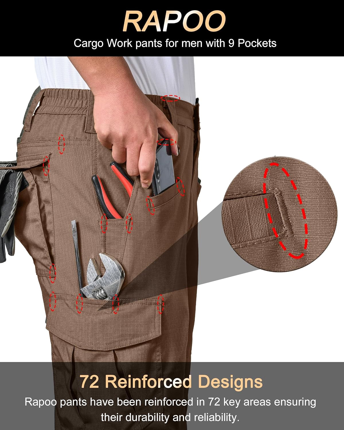 Detalle de Rapoo Ripstop Water-Resistant Cargo Tactical Pants for Men (9 Pockets)