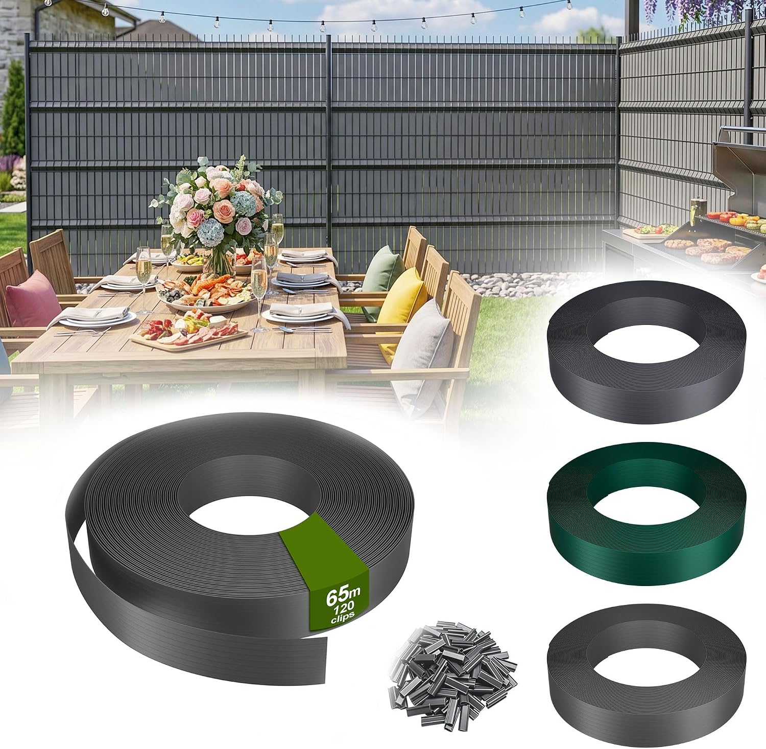 Detalle de UISEBRT 65 m PVC Privacy Fence Strips, 4.7 cm Wide, Grey, 120 Clips