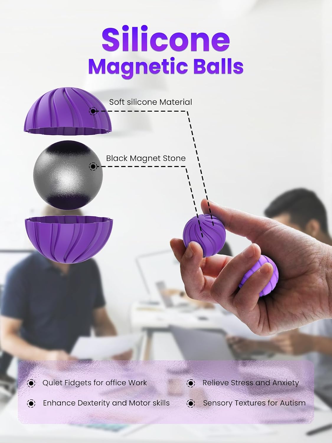 Thumbnail 2 de Magnetic Balls Fidget Toys for Adults & Teens – 8Pcs Silicone Sensory Stress Relief Set (Geometric, Purple)