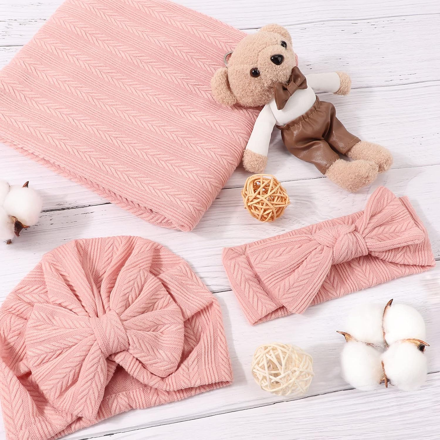 Detalle 2 de DRESHOW Newborn Receiving Blanket Set with Matching Bow Hat and Bow Headband for Girls