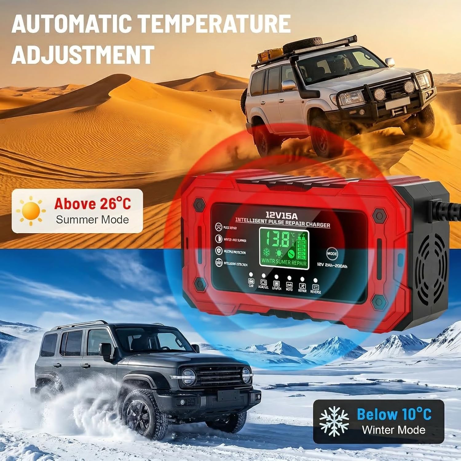 Thumbnail 3 de YDBAO Battery Charger 15A 12V – Fully Automatic Smart Trickle Charger with LCD Display and Temperature Compensation