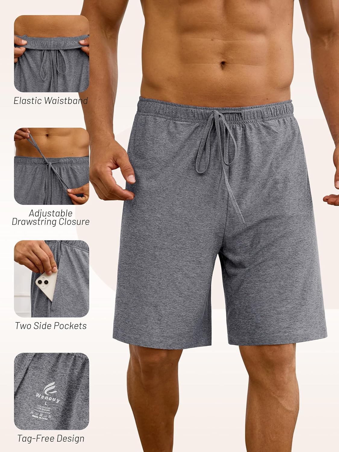 Detalle 2 de Wenouy 3 Pack Mens Pajama Shorts with Pockets – Soft Sleep Shorts for Lounge and Sleep