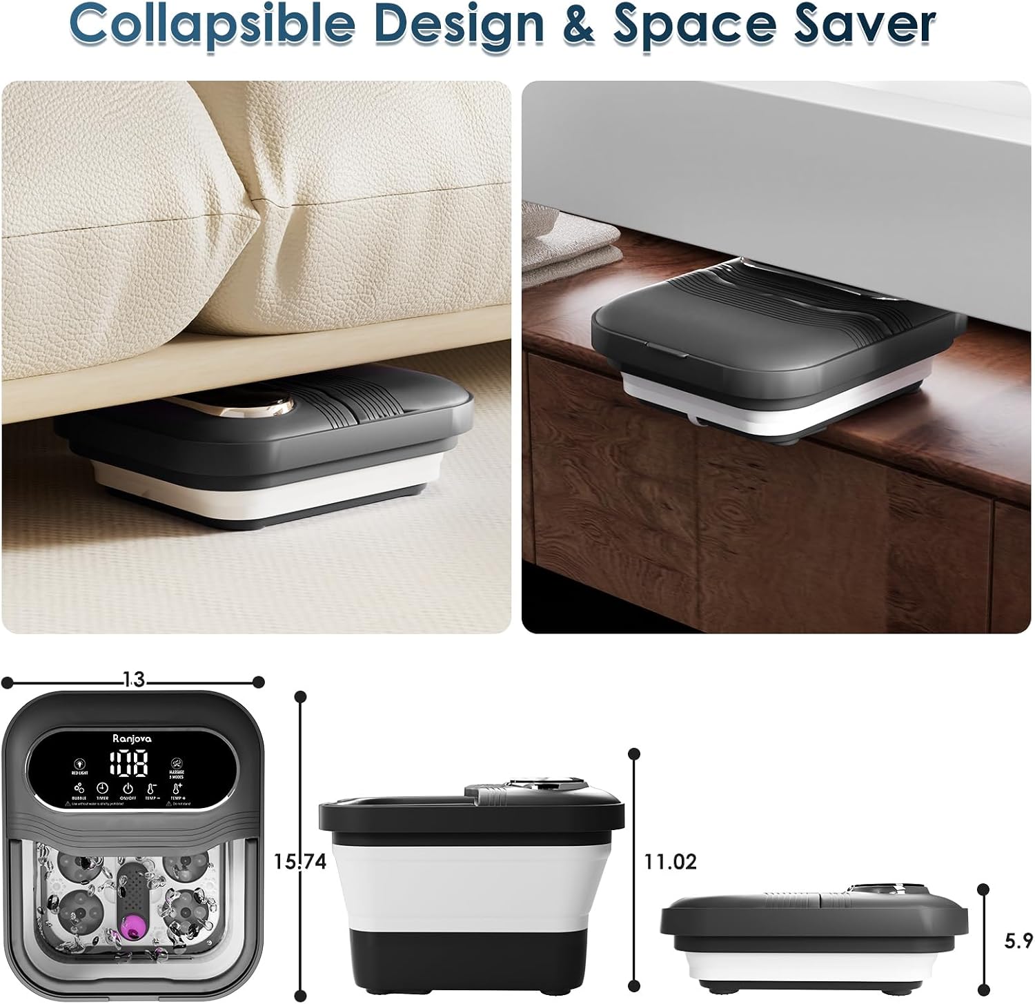 Detalle 2 de Ranjova BE-F1200Pro Collapsible Foot Spa with Heat, Rotary Massage and Bubbles