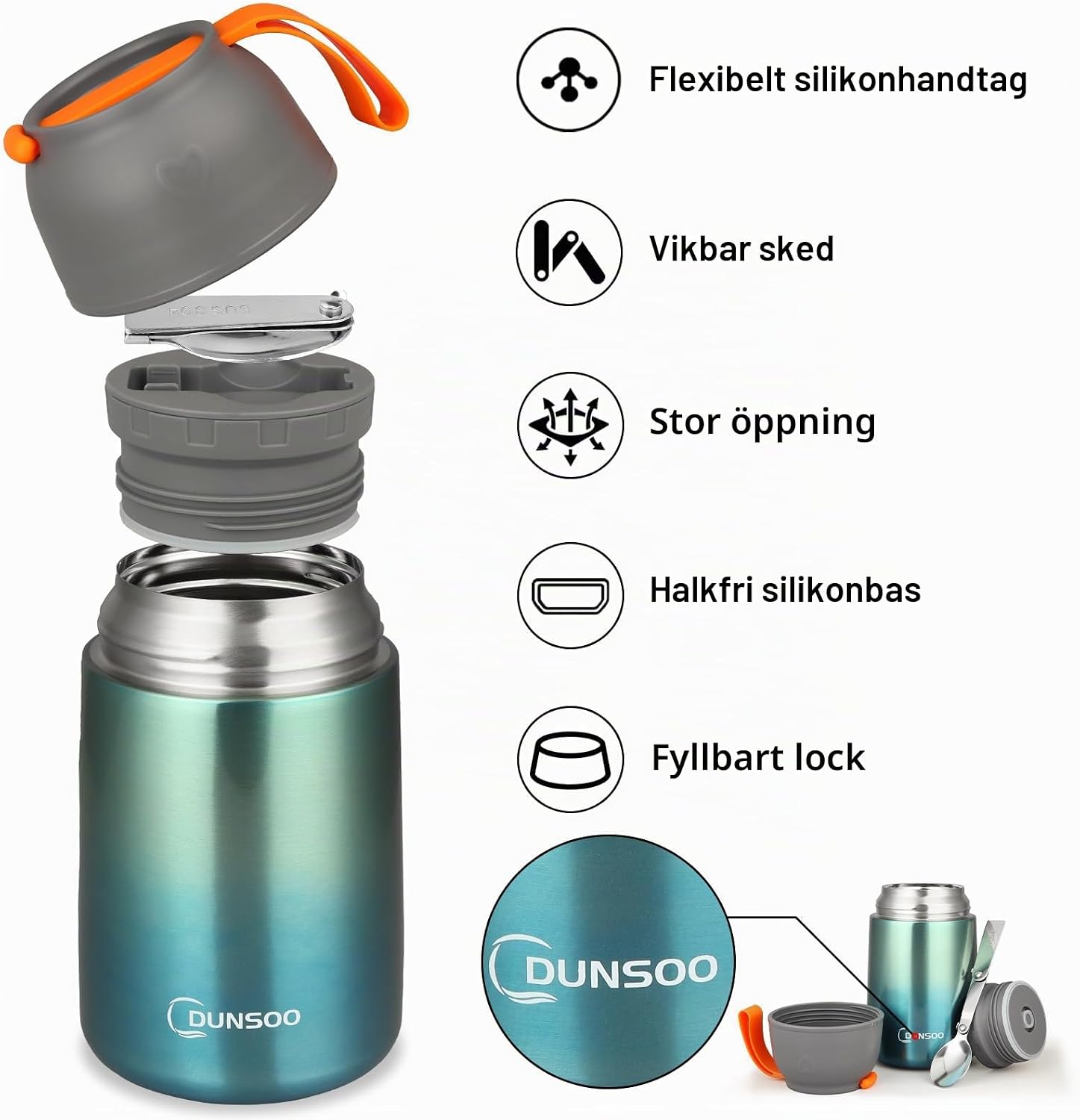 Detalle de DUNSOO mattermos 650 ml i rostfritt stål med vikbar sked, grön