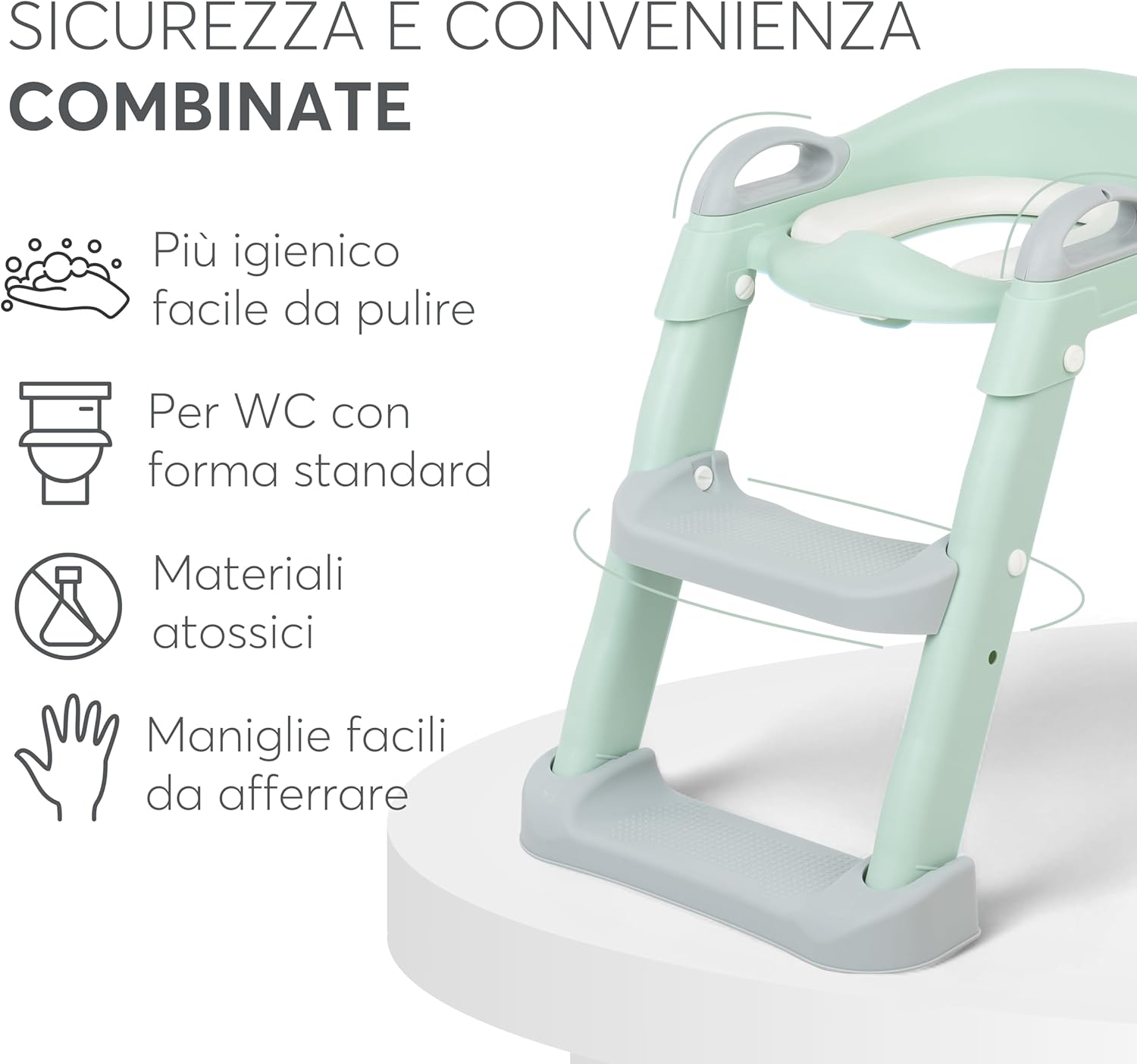 Detalle de KikkaBoo Riduttore WC bambini con scaletta LEA – Educatore da toilette, pieghevole e regolabile, design anatomico, imbottitura rimovibile, maniglie, antiscivolo, 18+ mesi, colore Menta