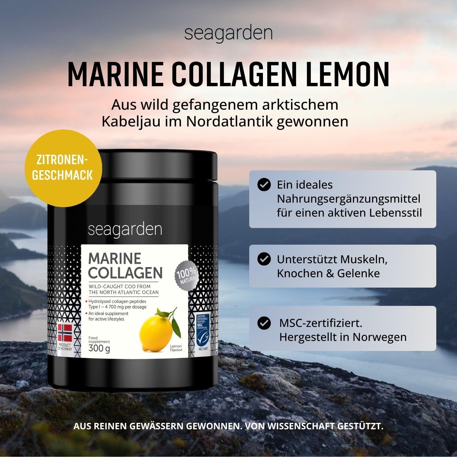 Detalle de Seagarden Marine Collagen Pulver – Reines Typ 1 Kollagen aus wildem Kabeljau, Zitronengeschmack, 300 г (60 Portionen)