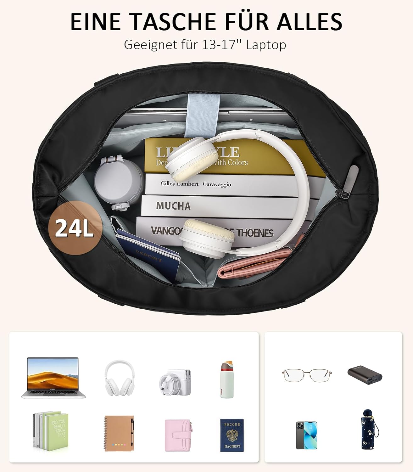 Detalle de oscaurt Tote Bag Shopper Tasche Damen mit 17 Zoll Laptopfach – wasserdicht, 24L, faltbar
