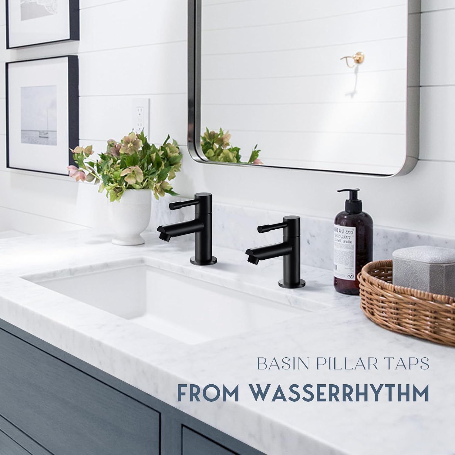 Detalle 2 de Wasserrhythm Basin Pillar Taps Pair (Black) – Twin bathroom sink mono 2‑piece cloakroom faucets, matte black stainless steel, lead-free