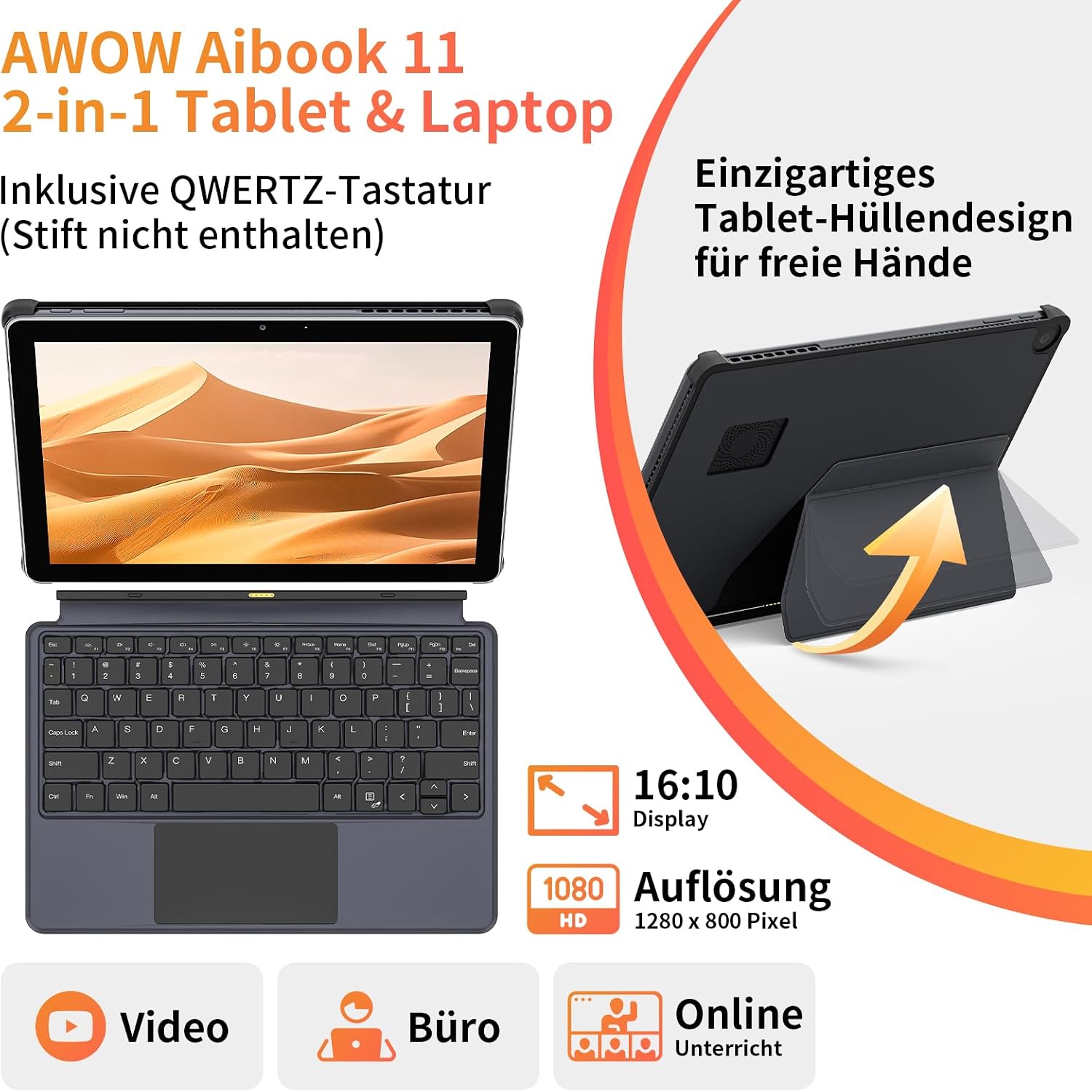 Detalle de AWOW AIBOOK 11: 10,1 Zoll 2-in-1 Tablet mit deutscher Tastatur – Alder Lake N95, 12GB RAM, 256GB SSD