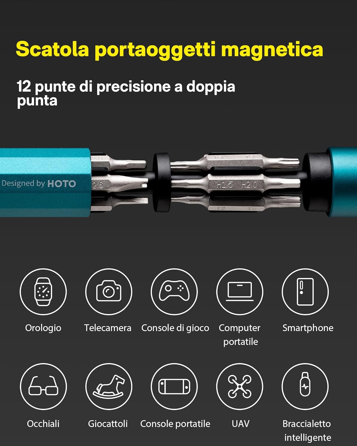 Detalle de HOTO 24 in 1 Cacciaviti Magnetici: Set di precisione in acciaio S2, 12 punte doppie e manico con rotazione a 360°