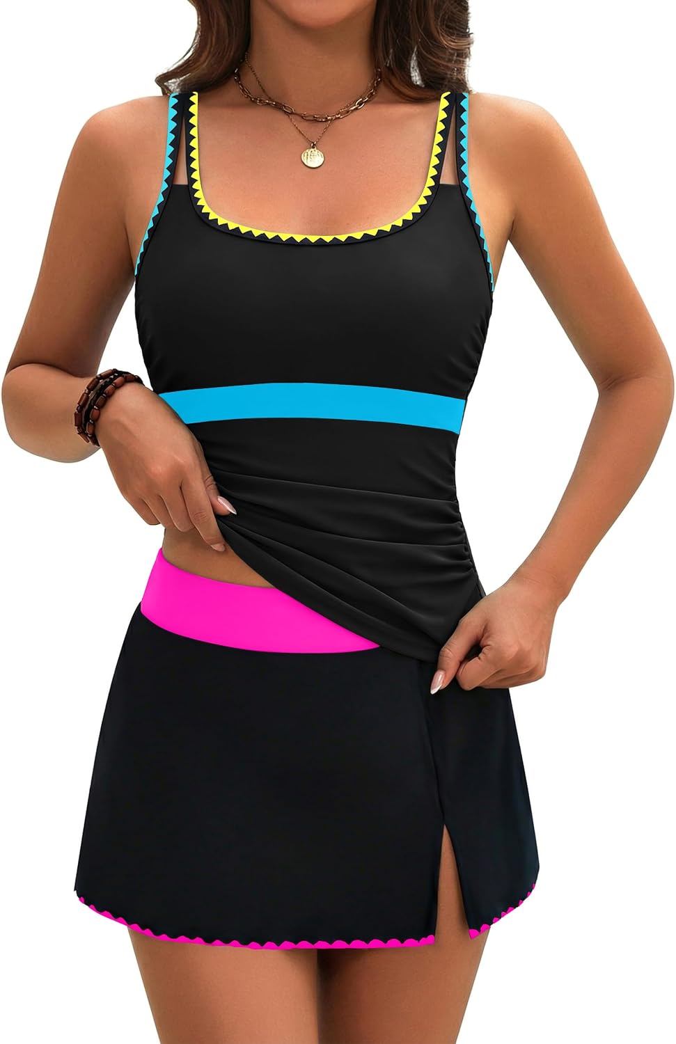 Detalle de BMJL Women's Tankini Swimsuits with Tummy Control – Color Block 2-Piece Swim Skirt (2026)
