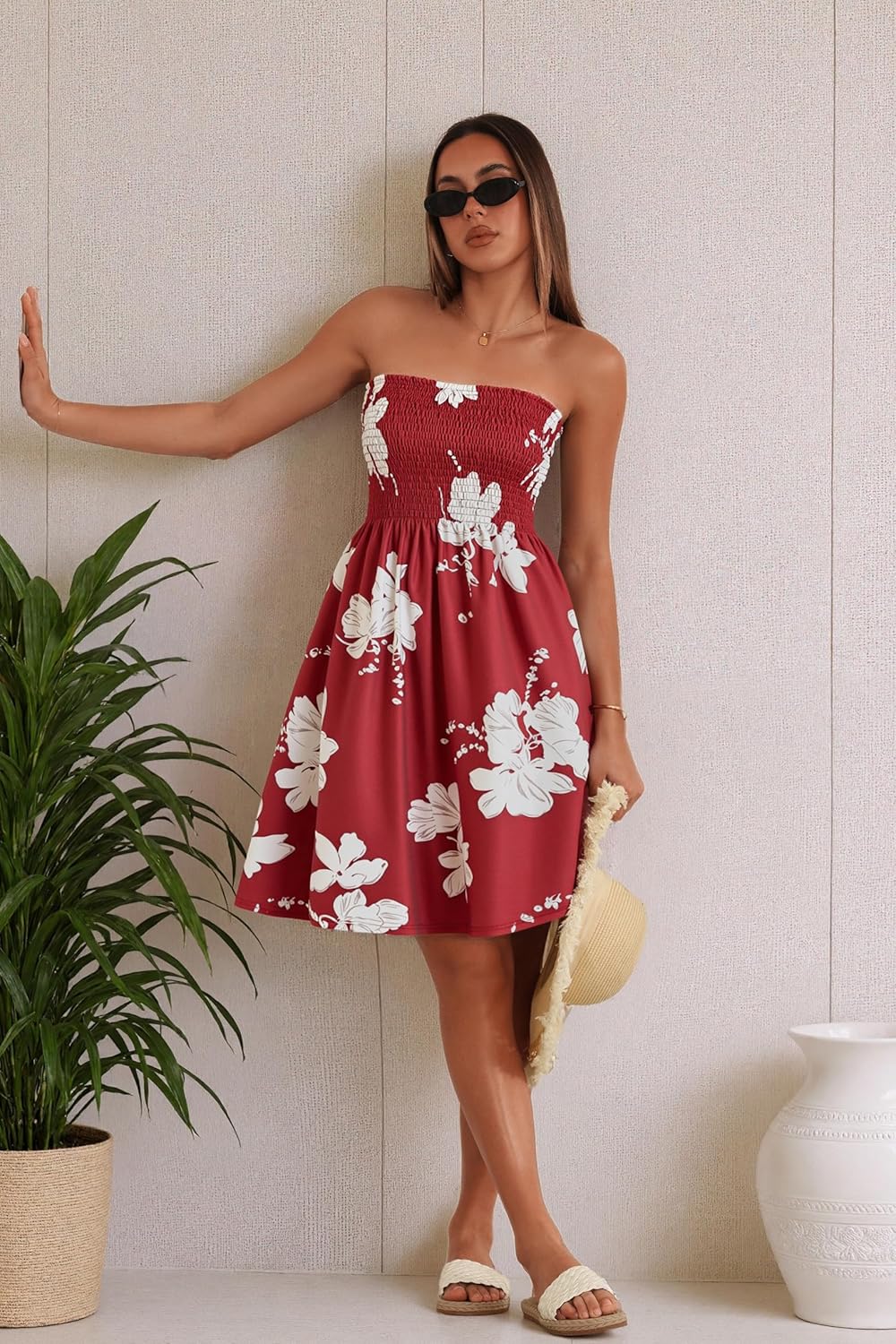 Detalle de CHICGAL Summer Dresses for Women Beach Cover Ups Strapless Boho Floral Print Sundress