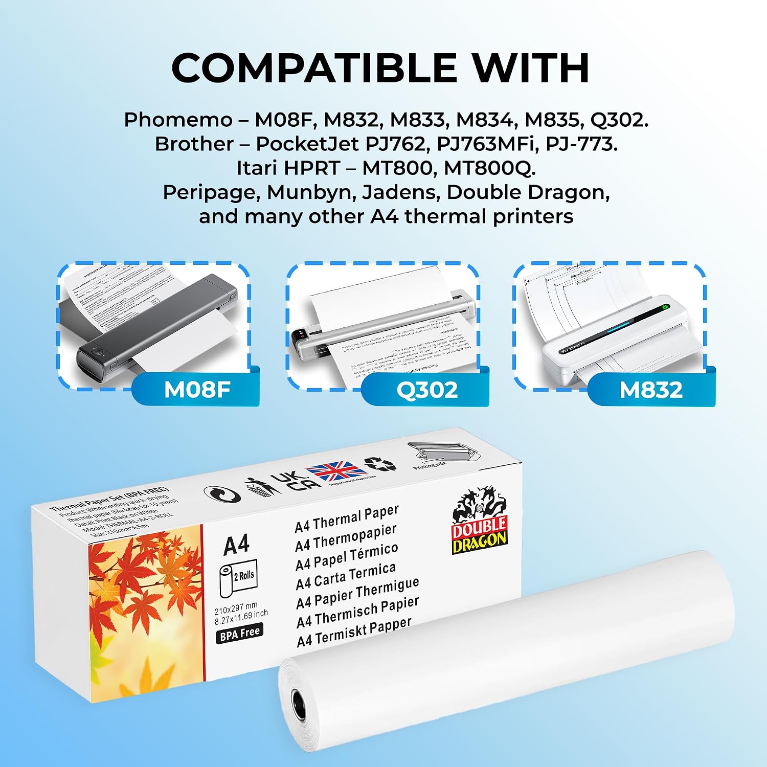 Thumbnail 2 de Double Dragon Thermal Printer Paper – 2 Rolls (210mm x 6.5m): Compatible A4 Roll Media for Widest Range of Thermal Printers