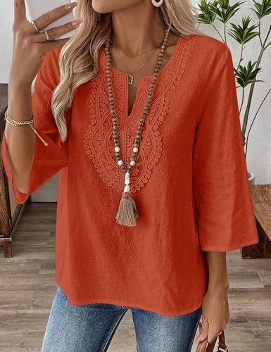 Thumbnail 5 de Rapbin Women's Tops: 3/4 Sleeve Cotton Linen V-Neck Boho Lace Blouse
