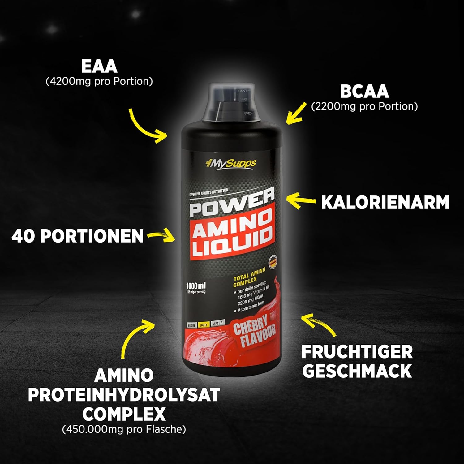 Thumbnail 4 de My Supps Power Amino Liquid 1000 ml Kirsche – flüssiger Aminosäuren-Komplex mit BCAA, EAA & Vitamin B6