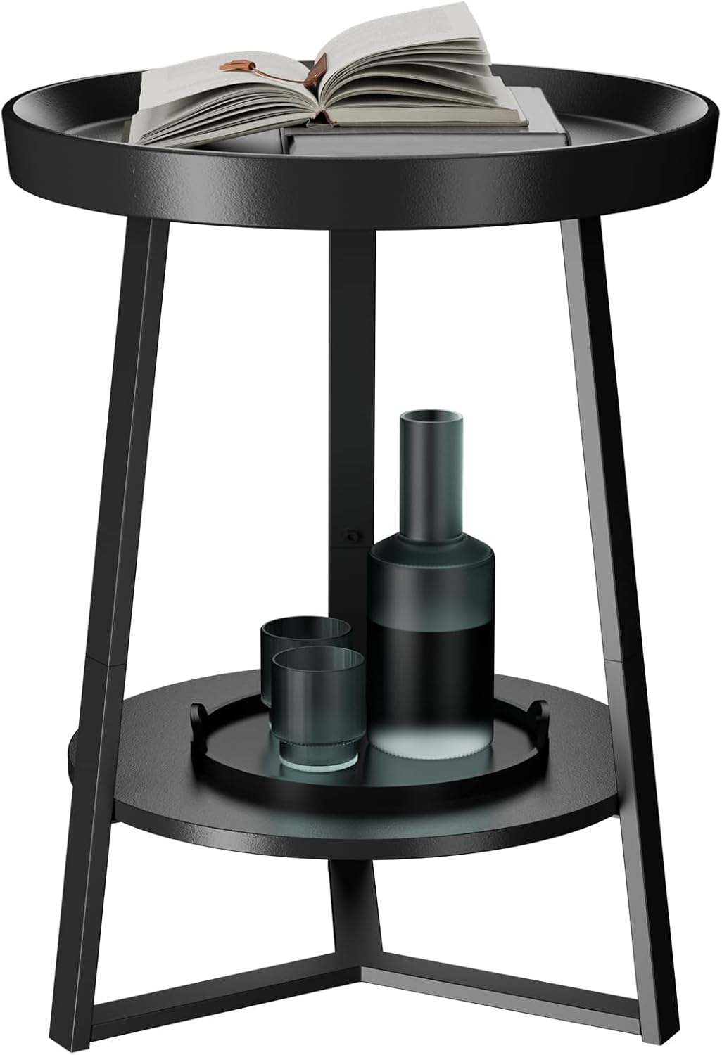 Detalle de Gadroad 02ST024A Round End Table, Two-Tier Storage, Black Metal Frame