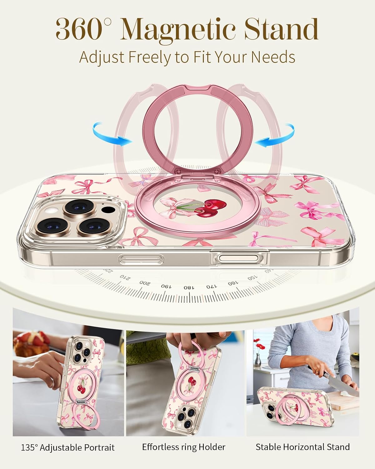 Detalle 2 de Loheckle Clear Case for iPhone 16 Pro with 360° Rotating Stand and Bow Design