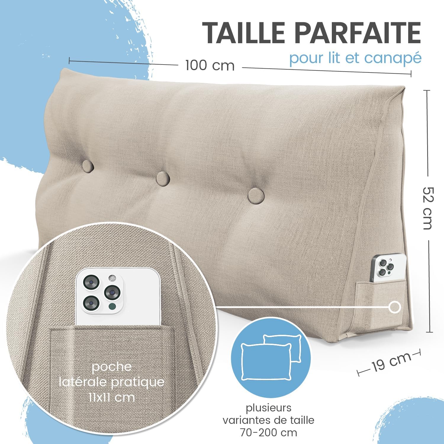 Detalle de ELONEO Coussin de Dossier 100 cm de Large – Coin adapté pour lit et canapé