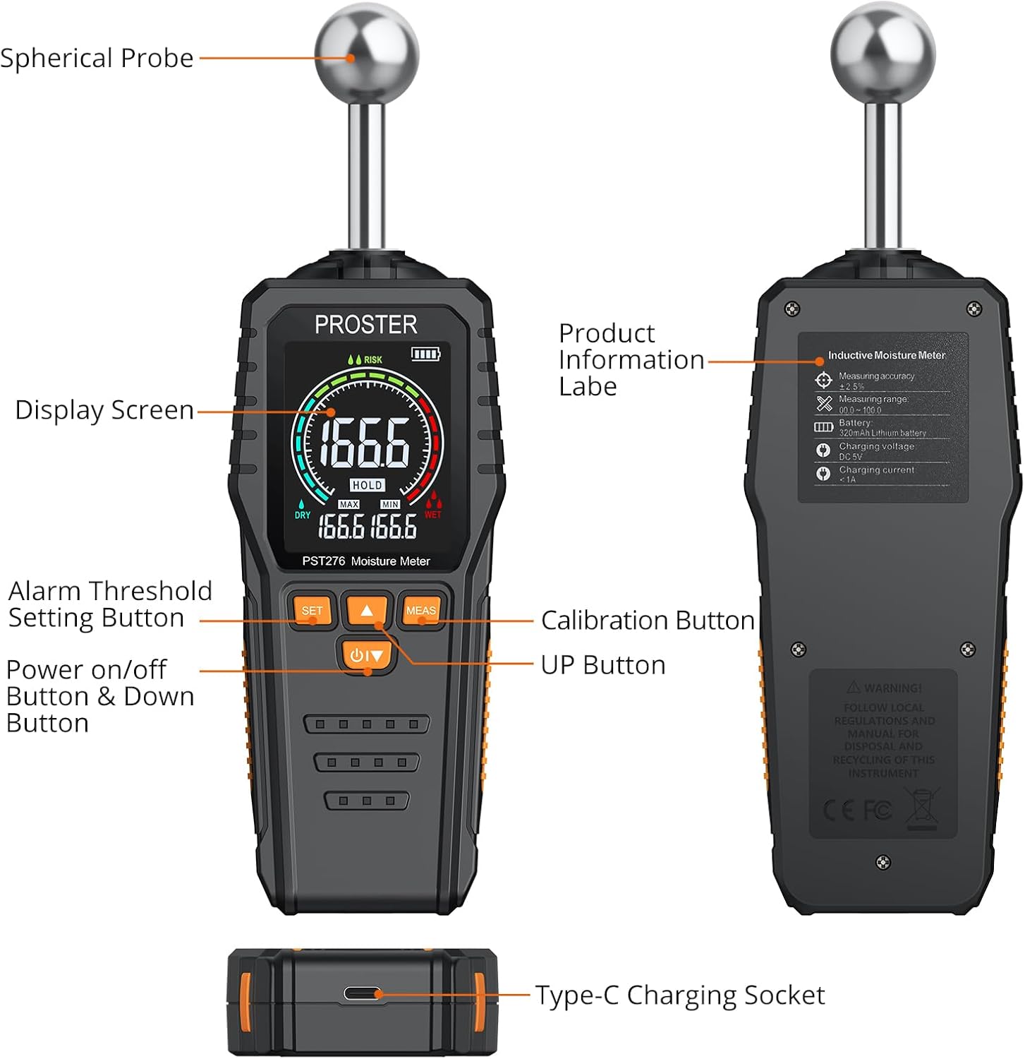Thumbnail 1 de Proster Feuchtigkeitsmessgerät für Mauerwerk (0–40 mm) mit LCD-Display, USB-C wiederaufladbar – Kugelform