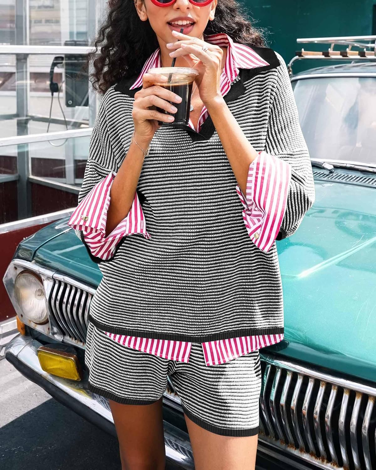 Detalle de Tankaneo Women’s 2-Piece Sweater Set with Oversized V-Neck Knit Top and Drawstring Shorts