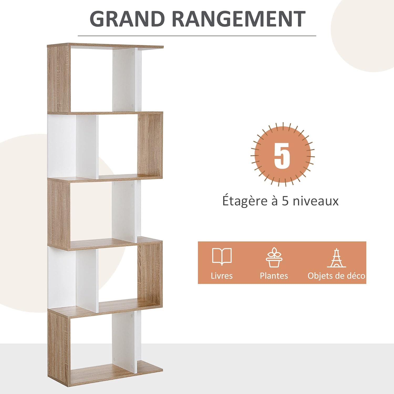 Thumbnail 3 de HOMCOM Bibliothèque à 5 Niveaux en forme de S, étagères en bois blanc - 60 x 24 x 184,5 cm