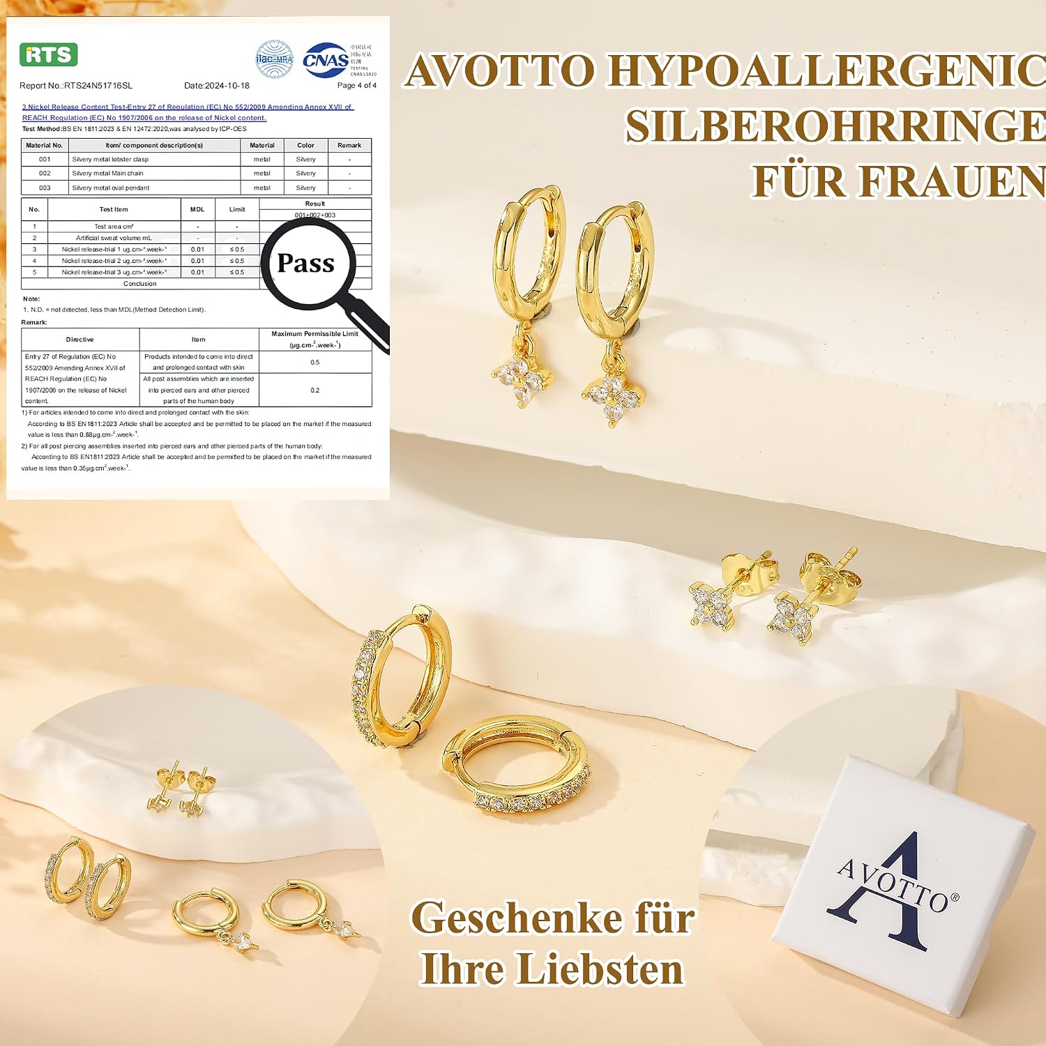 Detalle de AVOTTO 3 Paar Ohrringe Ohrstecker Silber 925 – hypoallergen & Zirkonia, Huggie Hoop Set