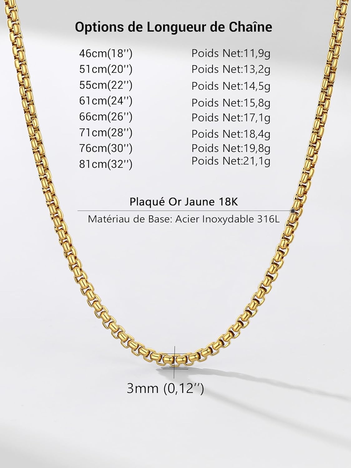 Thumbnail 5 de PROSTEEL Chaîne collier homme maille vénitienne arrondie 3 mm acier inoxydable plaqué or / métal noir