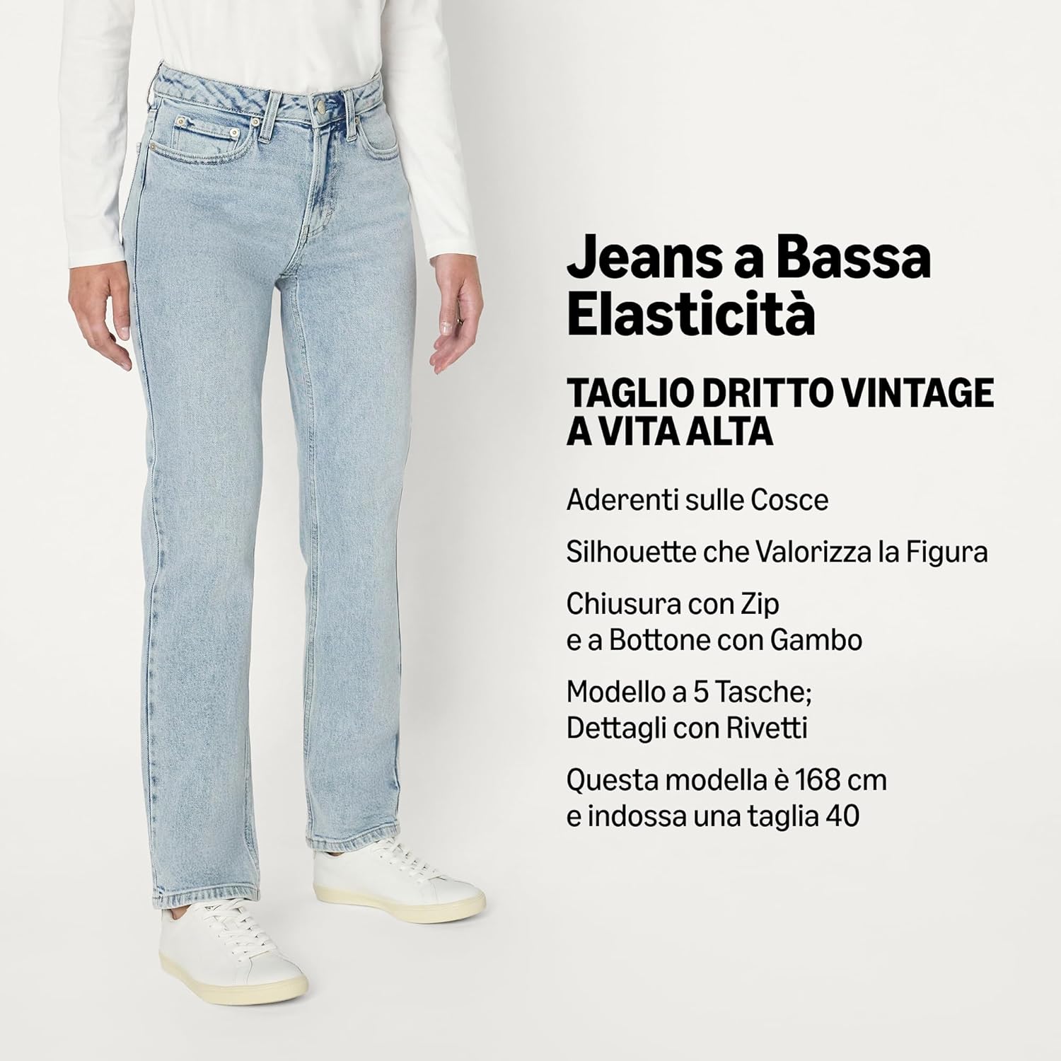 Detalle 2 de Amazon Essentials Jeans a Vita Alta con Gamba dritta Donna, Lavaggio Chiaro con Ghiaccio – Taglia 42
