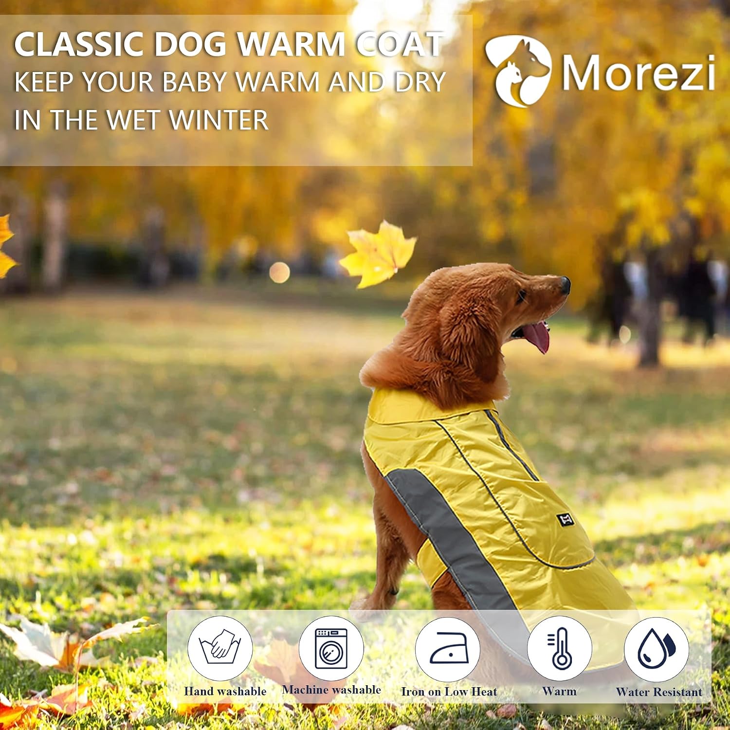 Detalle de Morezi Dog Warm Coats Jackets: Waterproof Coat with Harness Hole for Small/Medium Dogs (Yellow, M)