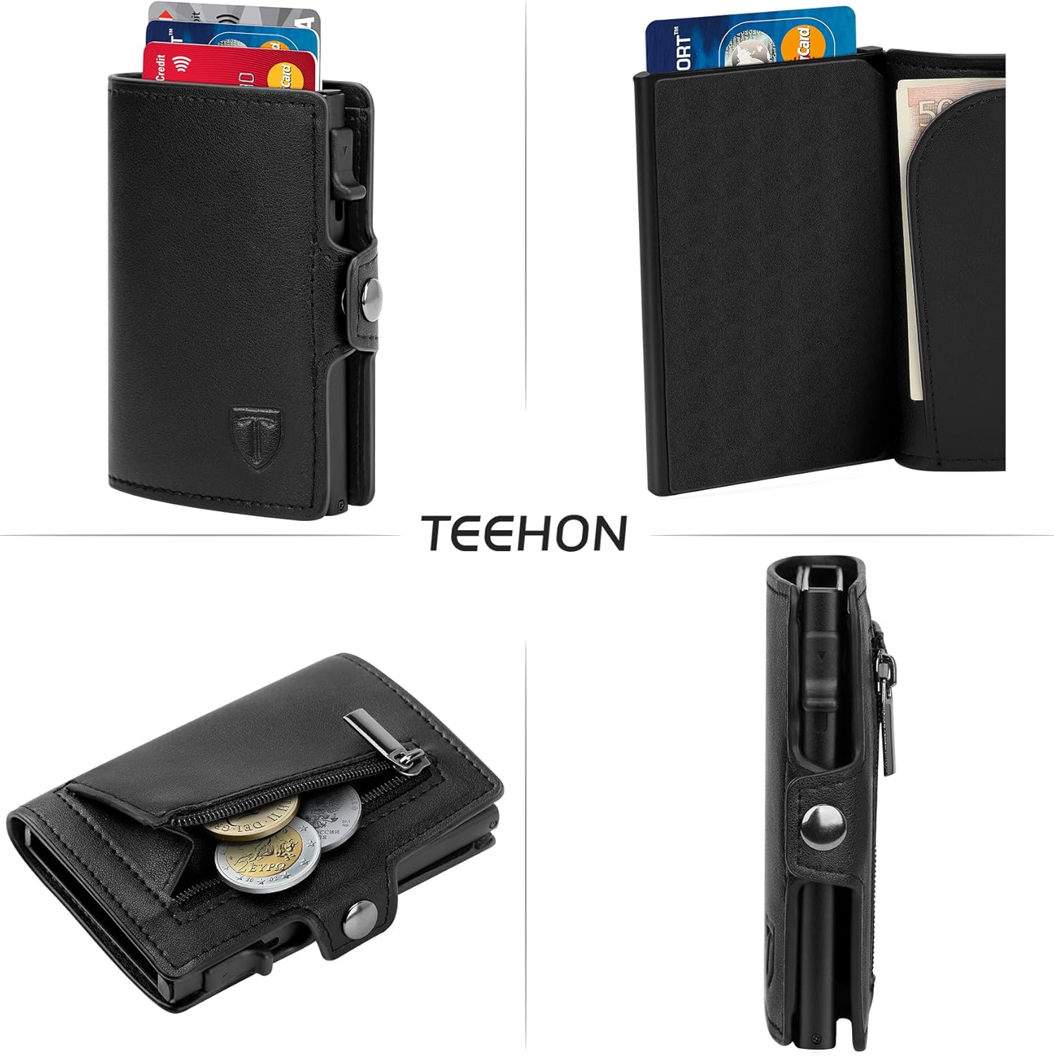 Detalle de TEEHON Porta Carte di Credito da Uomo e Donna – Portafoglio Slim RFID con ZIP, Ecopelle e Confezione Regalo Nera