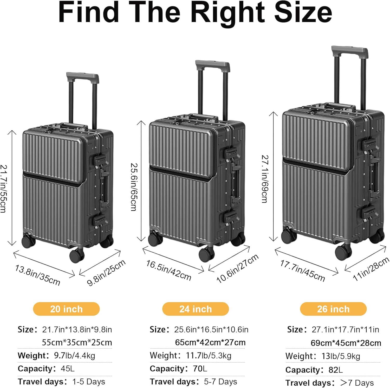 Thumbnail 5 de AIWEINY Carry-on Luggage with TSA Lock and 360° Wheels – 20" (Dark Gray)