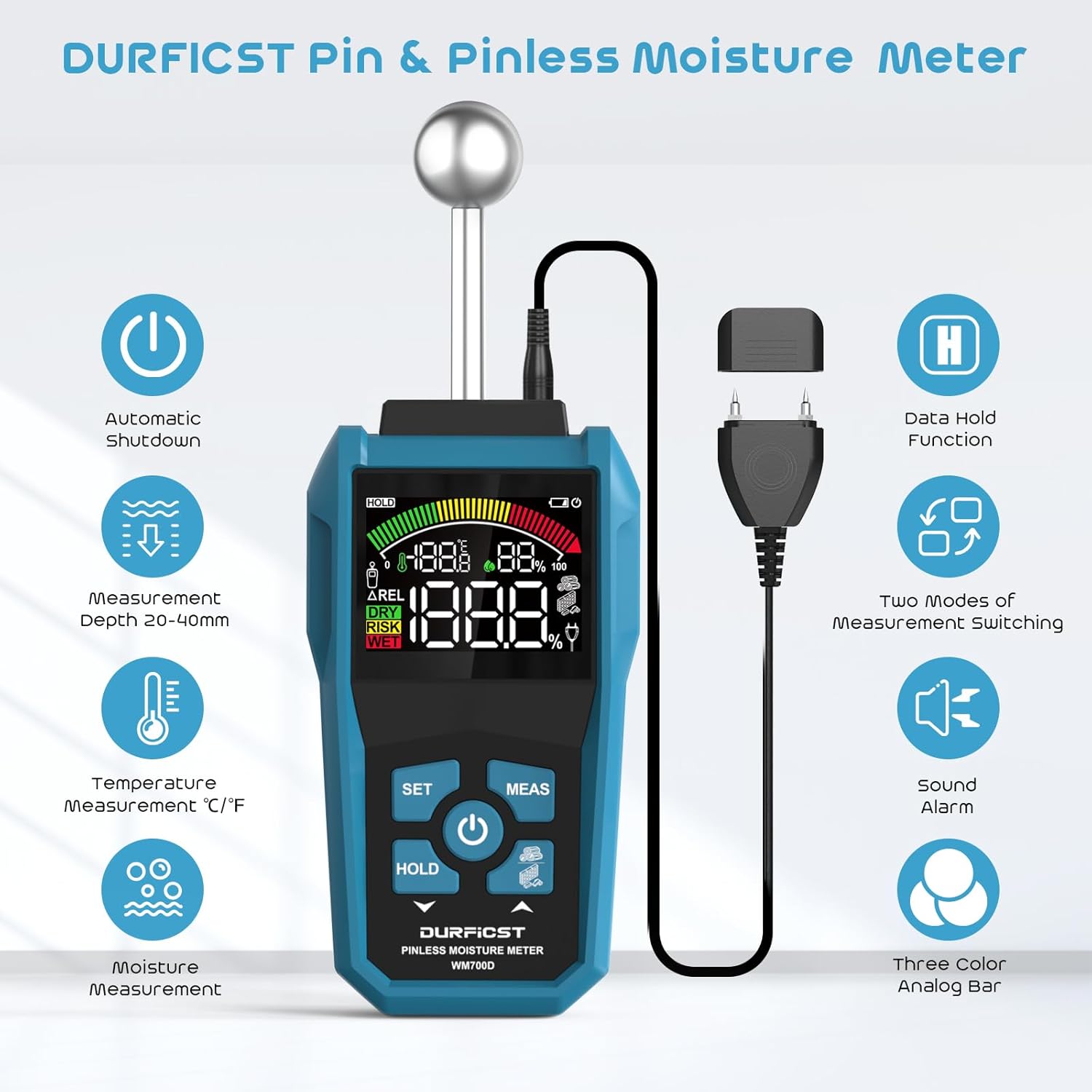 Detalle 2 de DURFICST Feuchtigkeitsmessgerät Wand Pin&Pinless mit Farb-LCD und akustischem Alarm (20–40 mm)