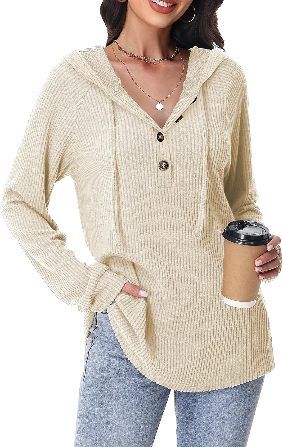 Detalle de Tanmolo Damen Hoodie V-Ausschnitt Kapuzenpullover mit Knopfleiste – leichter Strickpullover
