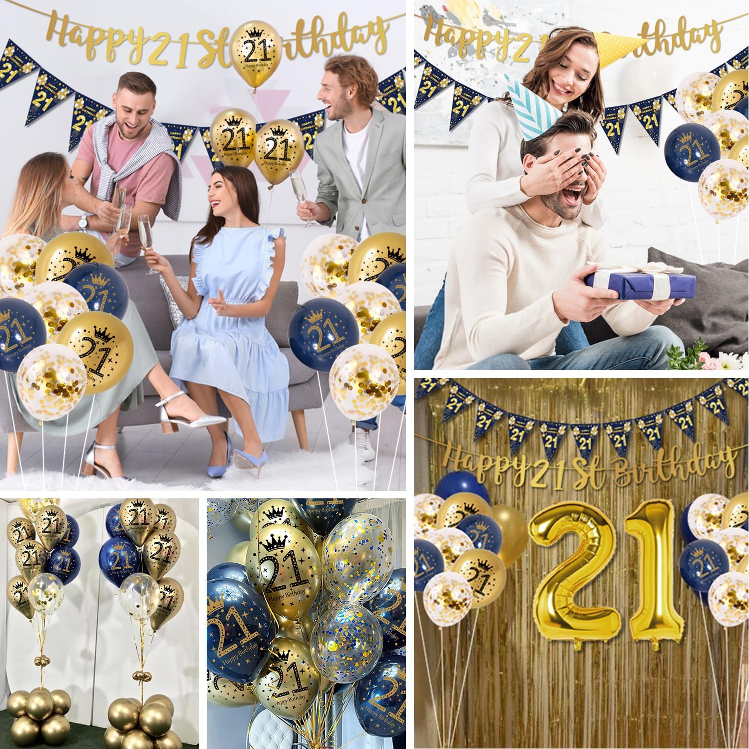 Thumbnail 5 de 21st Birthday Decorations for Men (Blue & Gold) – Banner, Foil Balloon, Confetti Balloons & More