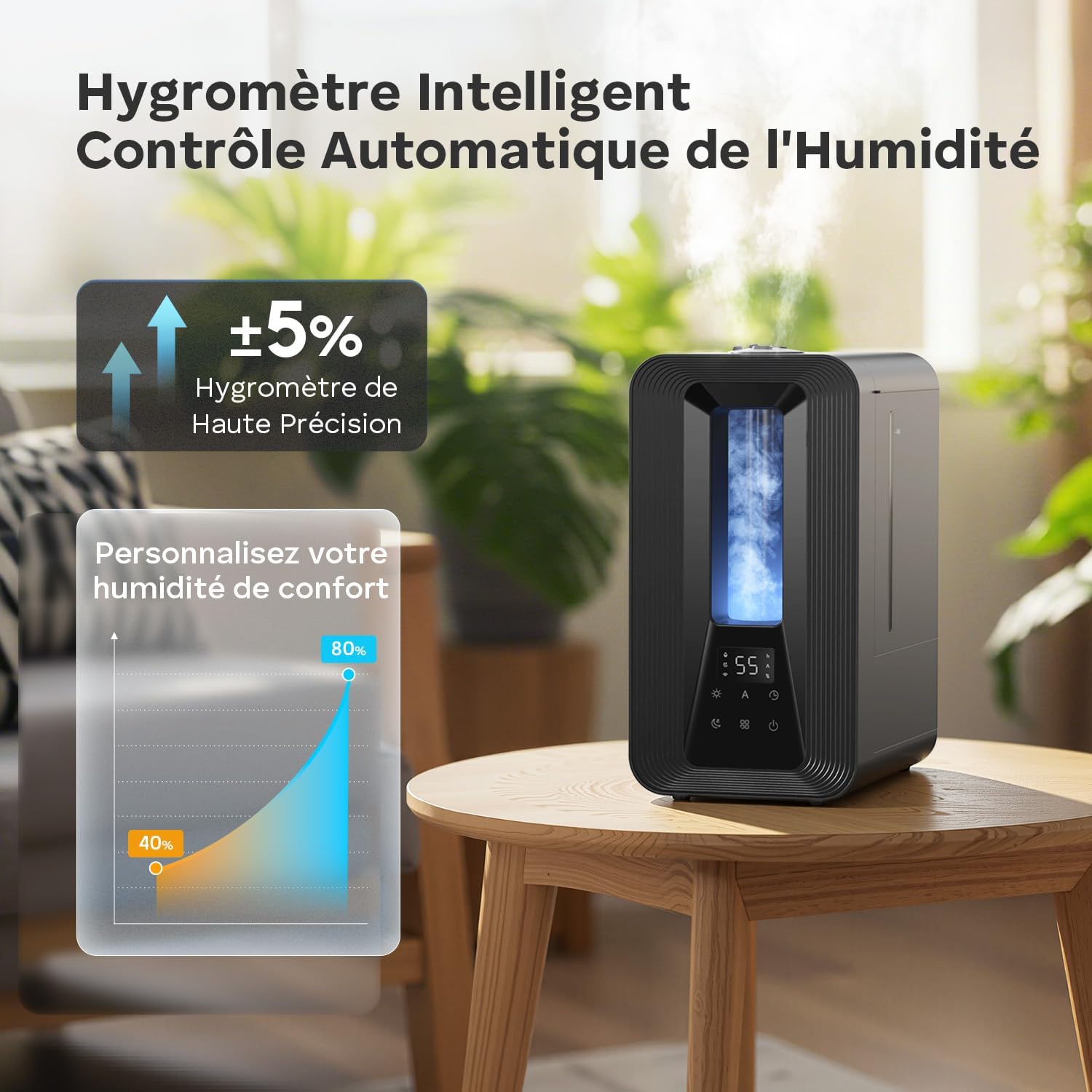 Thumbnail 4 de AROEV E Humidificateur d’air chambre Top-Fill 5L ultrasonique à brume froide, hygrost at intelligent et diffusion d’arômes