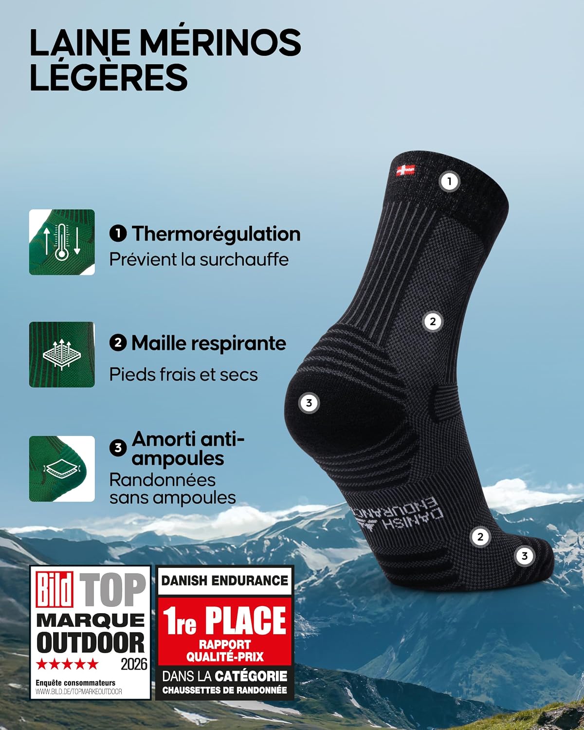 Thumbnail 1 de Danish Endurance Chaussettes de randonnée en laine mérinos avec rembourrage léger (3 & 5 paires) unisex