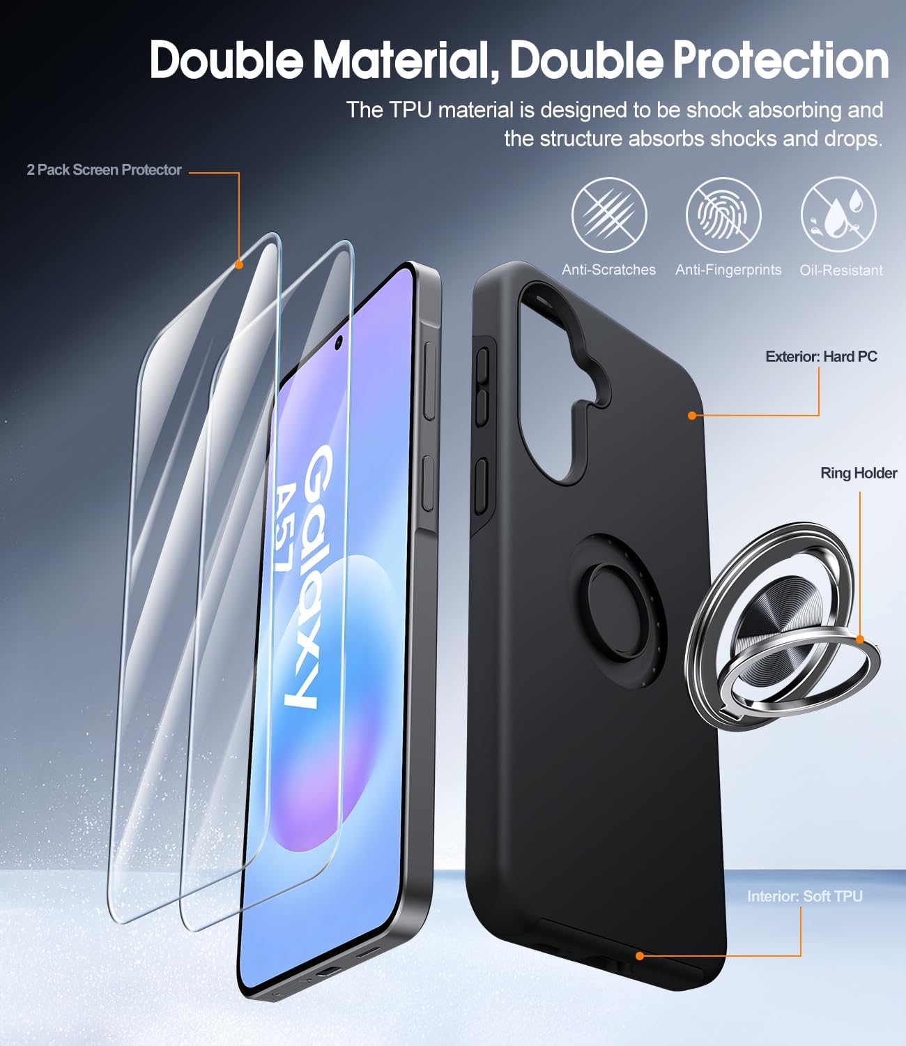 Thumbnail 6 de AOUIA case for Samsung Galaxy A57 5G with 2-pack screen protector, 360° rotating ring kickstand – Black