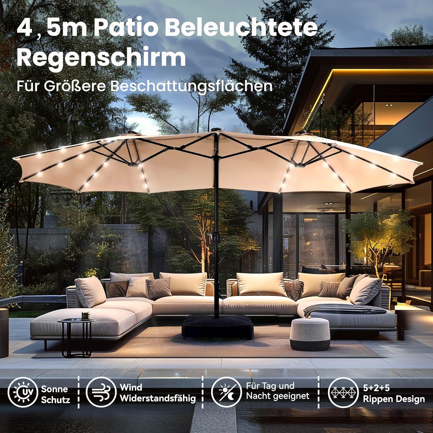 Thumbnail 1 de PHI VILLA Rechteck-Sonnenschirm mit Ständer 270 × 450 cm inkl. Kurbel, LED-Optik & UV-Schutz