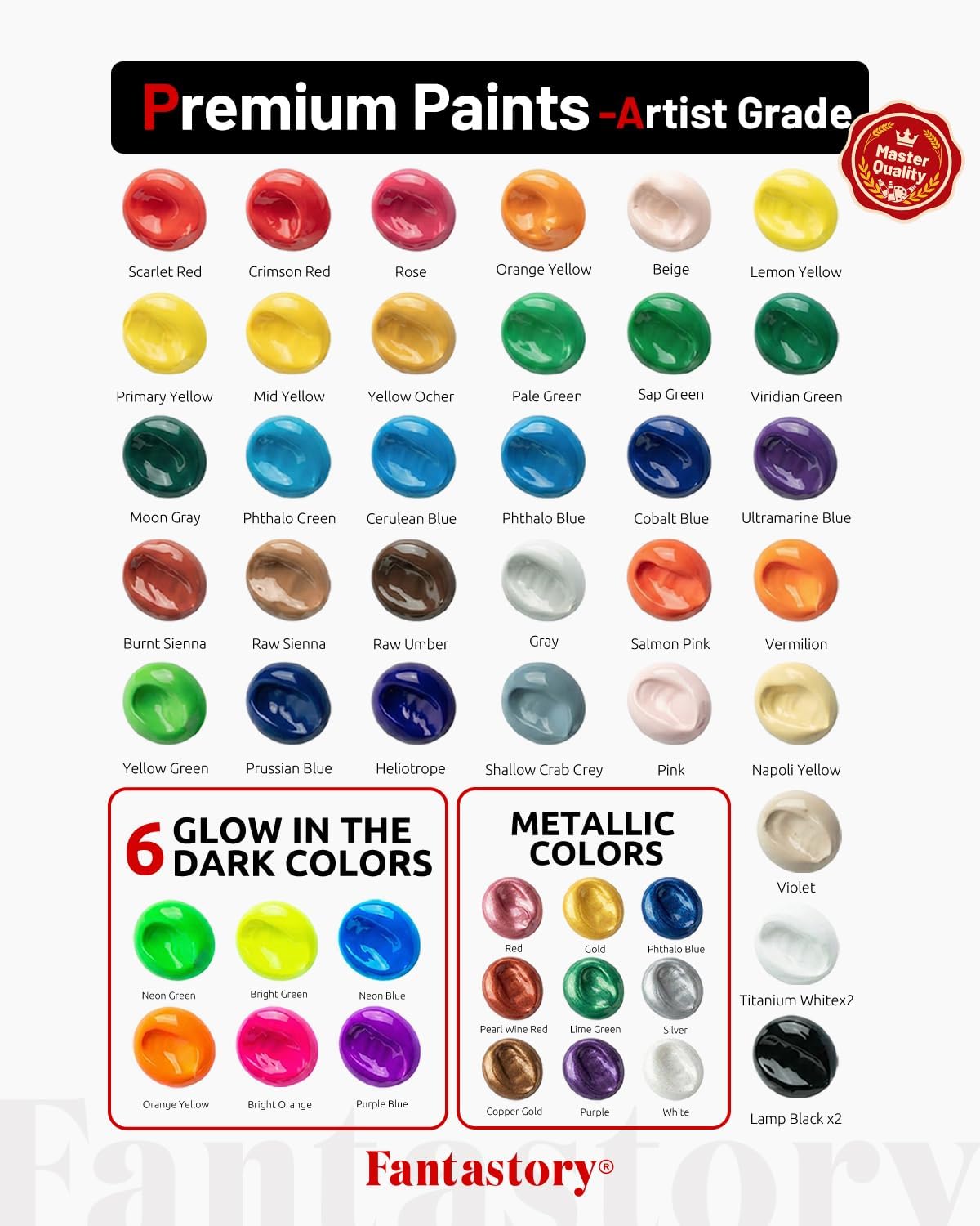 Detalle 2 de Fantastory Acrylfarben Set – 50x60 ml, 15-teiliges Zubehör, hohe Deckkraft & wasserfest