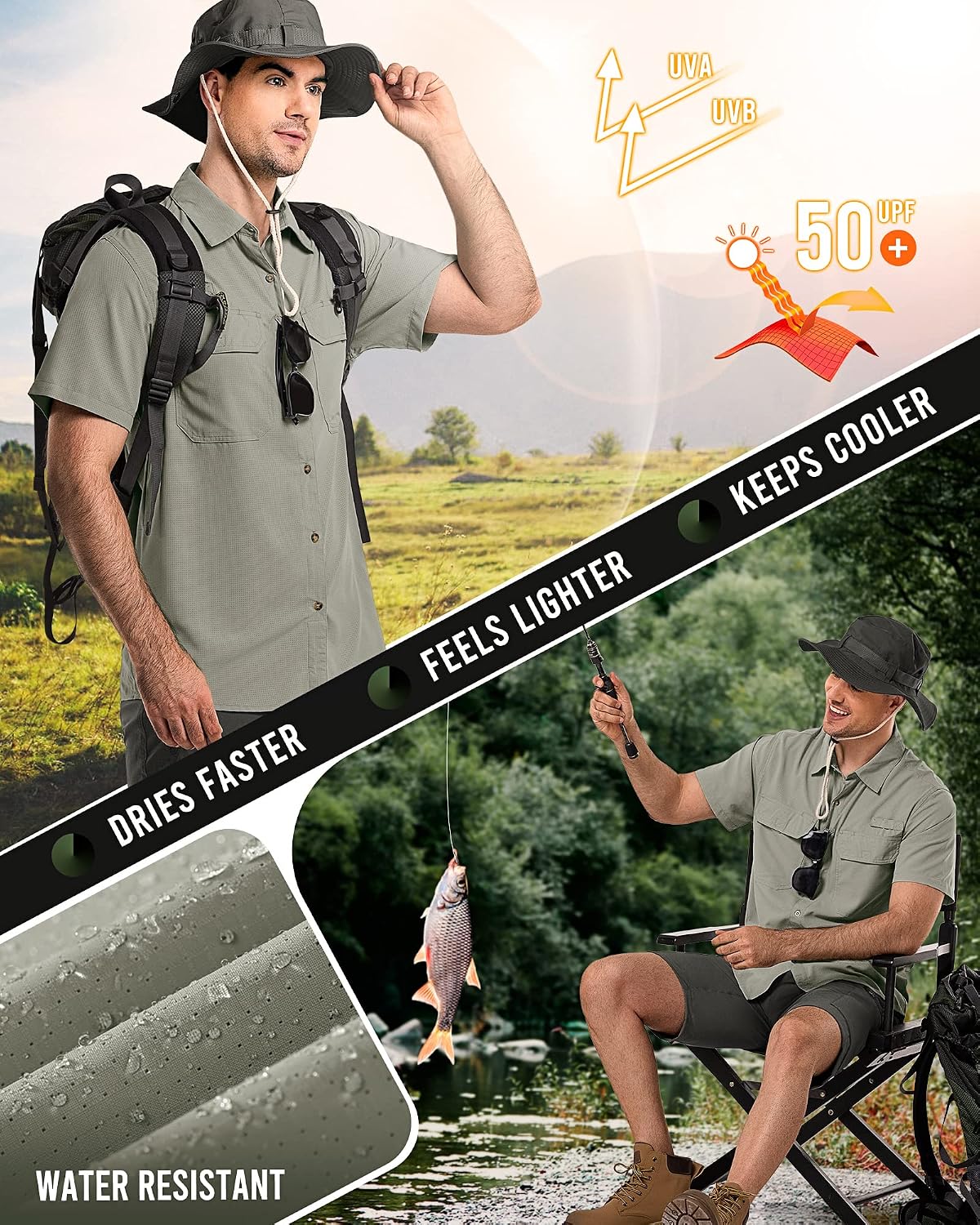 Detalle de 33,000ft Herren Kurzarm-Outdoorhemd UPF50+ – Schnelltrocknend, wasserabweisend und bequem