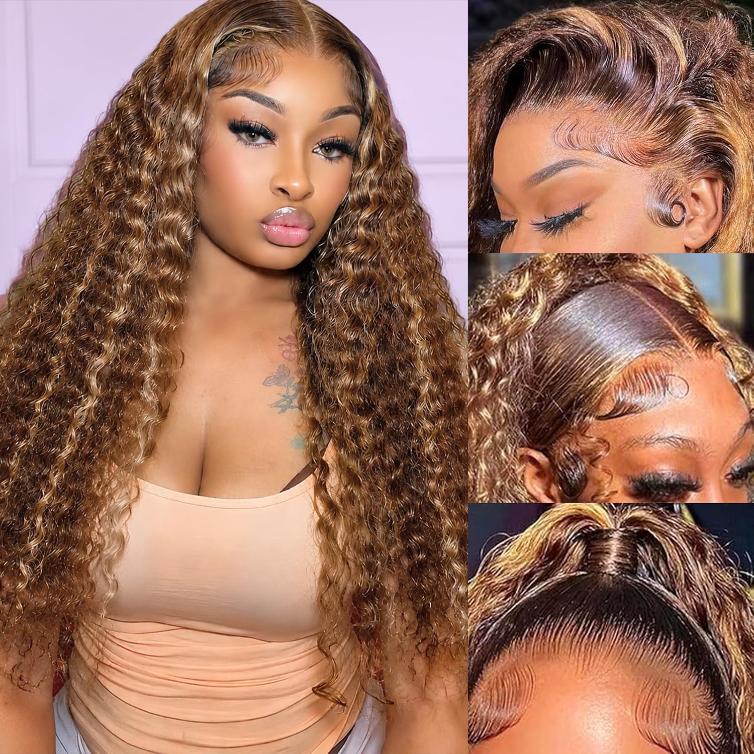 Detalle 2 de Harmsh 30inch Highlight Ombre 13x6 HD Lace Front Wig (Deep Wave, Honey Blonde)